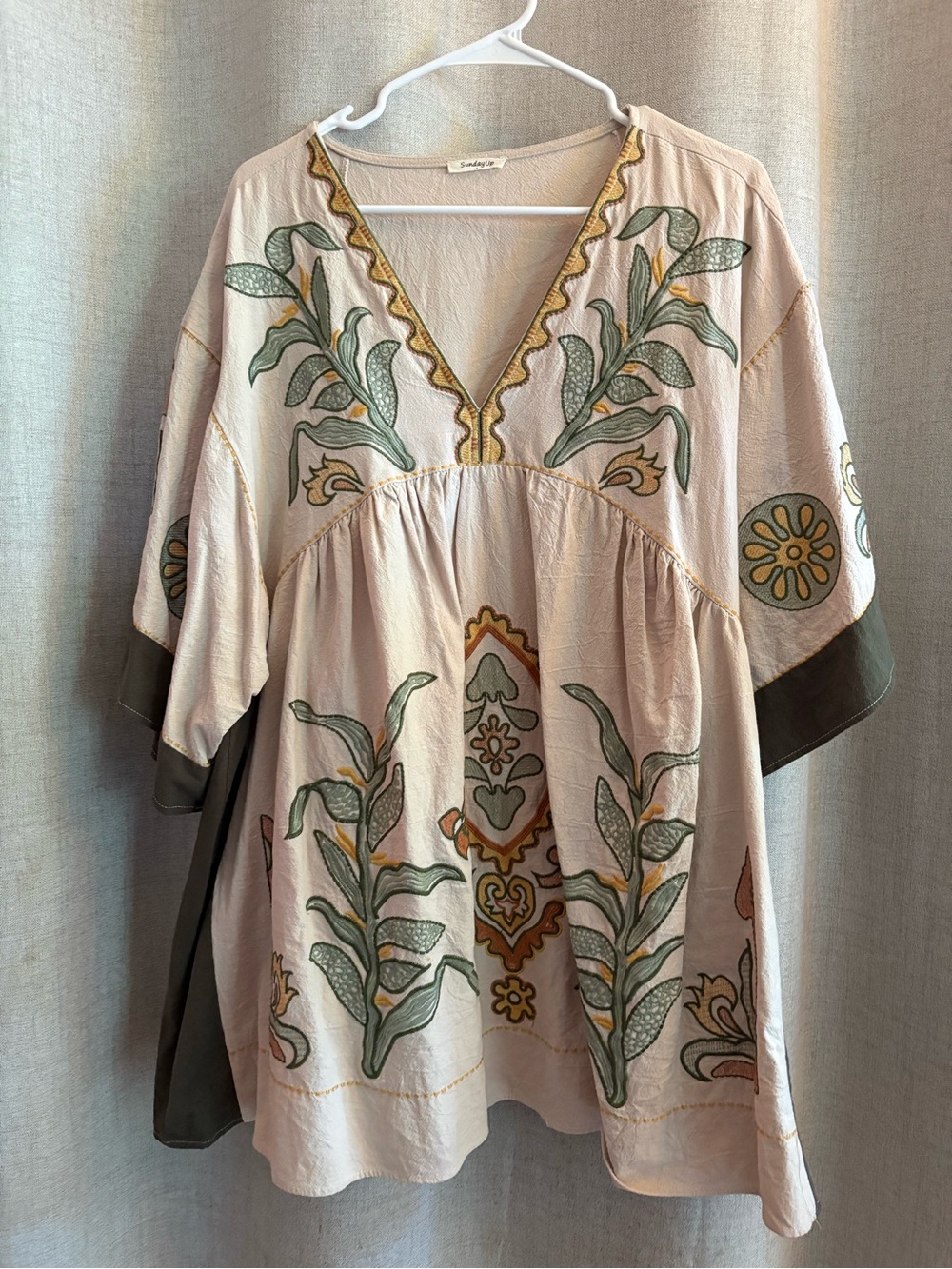 Sunday Up Cream Embroidered V-Neck Tunic with Green & Gold Accents